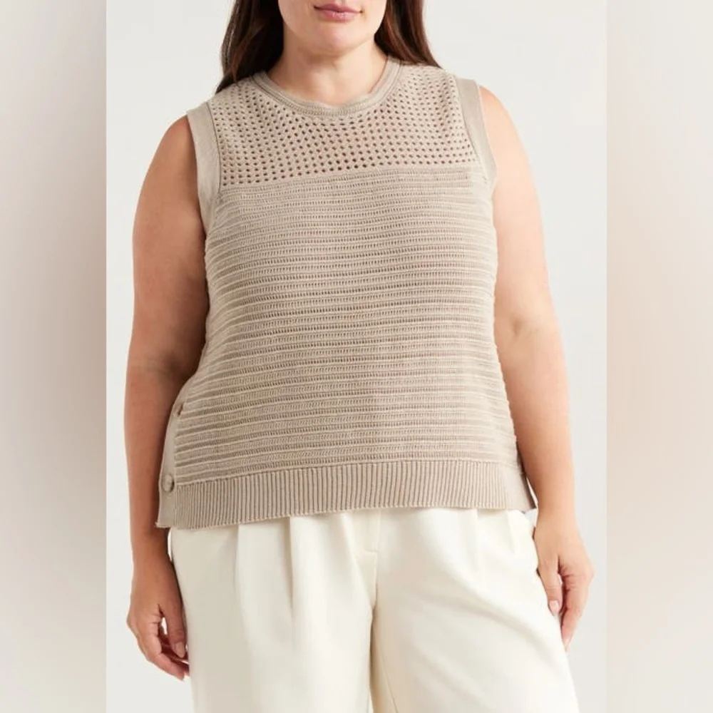 NWT Halogen Ribbed Open Knit Sweater Vest side buttons taupe beige sleeveless XL